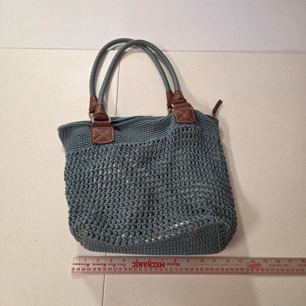The Sak Slate Blue Crochet Tote Bag Brown Faux Leather Trim Braided Handles